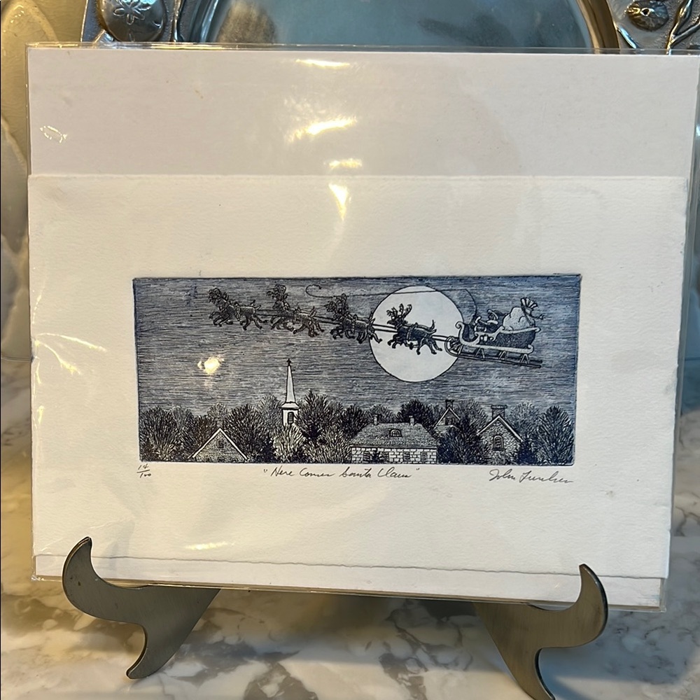 Here Comes Santa Claus Sleigh Over Town Art Etching Print